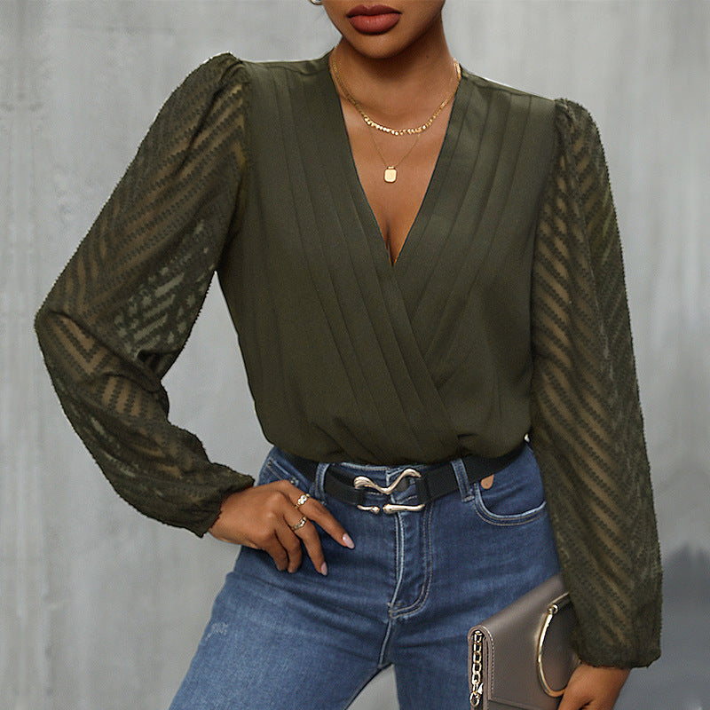 Spring Splicing Top Long Sleeve Mesh Commuter See-Through Pullover Blouse Woman
