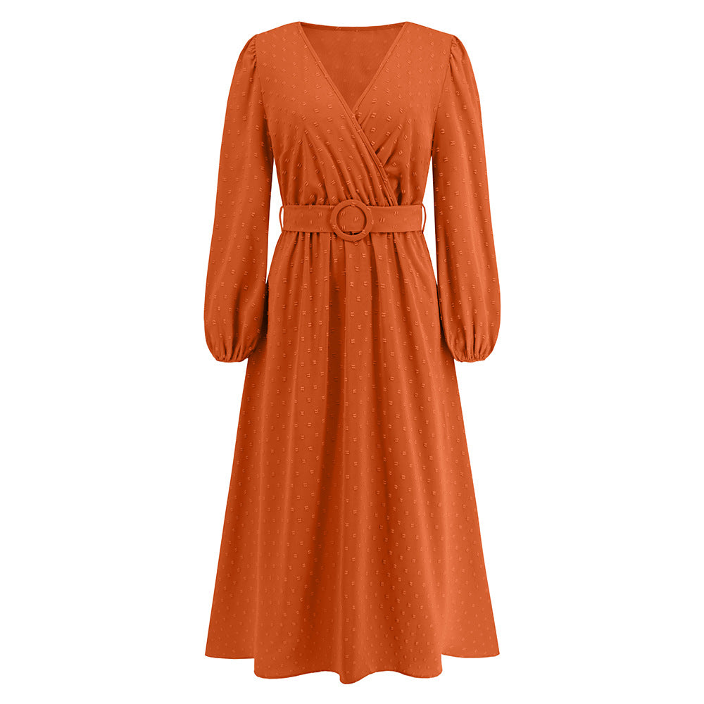 Women's Dress V-Neck Long Sleeve Jacquard Dress Autumn And Winter New Burst