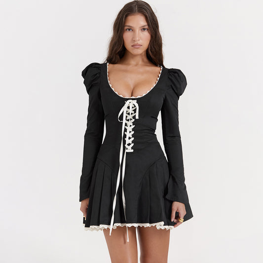 Fall Dress College Style Wear With Women's Retro Puffed Sleeve Drawstring Slim Long-Sleeved Dress Spice Little Black Dress