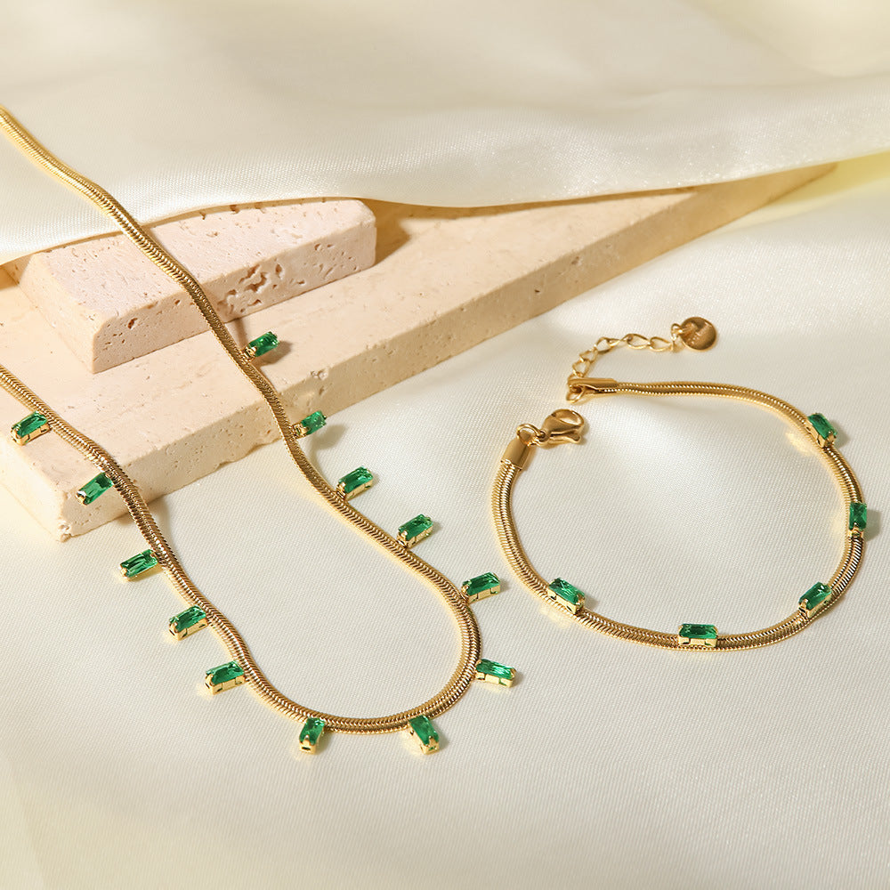 5pcs Women's New 14K Flat Snake Chain Square Green/White Zircon Necklace Bracelet Combination Set