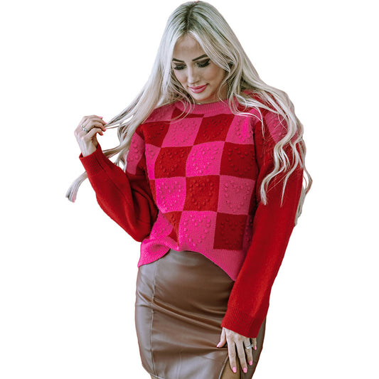 Winter New Multi-Color Pullover Round Neck Long Sleeve Top Female Design Love Chequered Patchwork Sweater Female