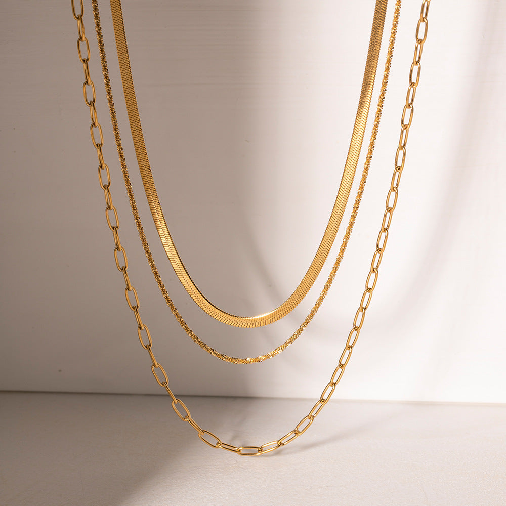 5pcs Necklace 18K Gold Stainless Steel Flat Snake Chain Sparkling Chain Paper Clip Chain Three Layer Necklace