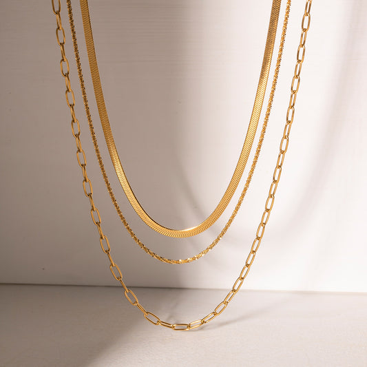 5pcs Necklace 18K Gold Stainless Steel Flat Snake Chain Sparkling Chain Paper Clip Chain Three Layer Necklace