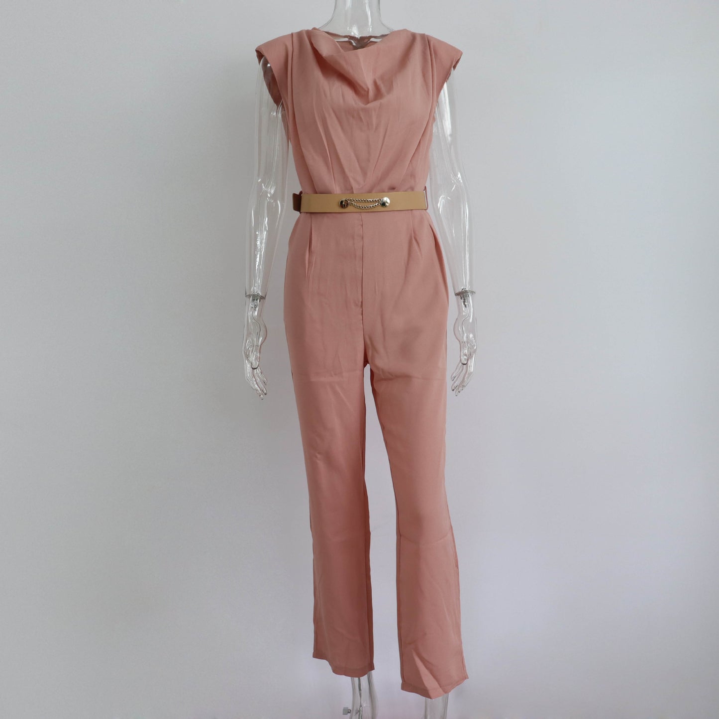 Summer New Fashion Commuter Jumpsuit Women's Crew Neck Shoulder Pad Sleeveless Waist Waist Rompers For Women