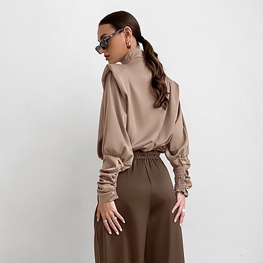 Brown Thin Soft Matte Color Ding High-Neck Lantern Sleeve Shirt New Fall Fashion Commuter Woman