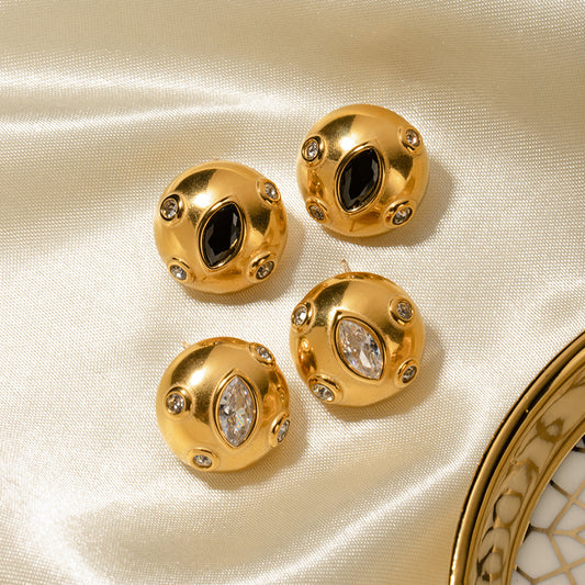 5pcs 18K Gold Stainless Steel Zircon Chubby Inlaid White Diamond Drop Retro Round Stud Earrings Niche Design Earrings