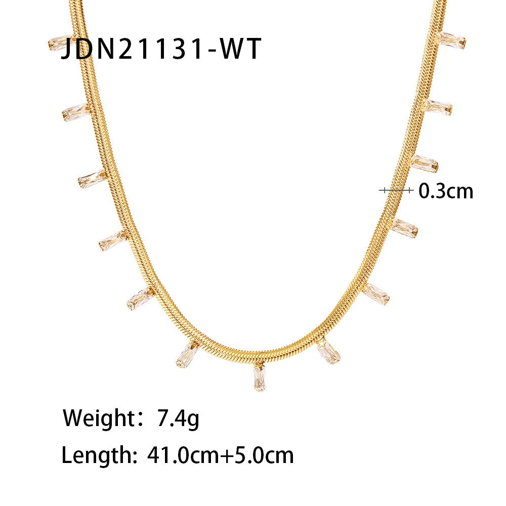 5pcs Women's New 14K Flat Snake Chain Square Green/White Zircon Necklace Bracelet Combination Set