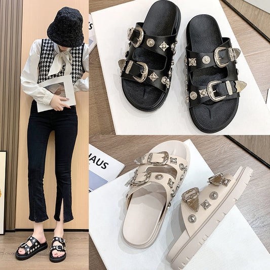 Summer Fashion Dark Wind Toga Metal Slippers Female New Rivet Thick Sole Casual Slippers Beach Slippers Sandals