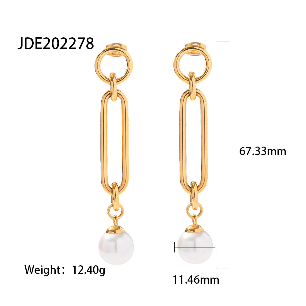 5pcs Titanium Steel Earrings Women's Fashion All-Match 18K Gold Plated Stainless Steel Exquisite Chain Pearl Pendant Earrings