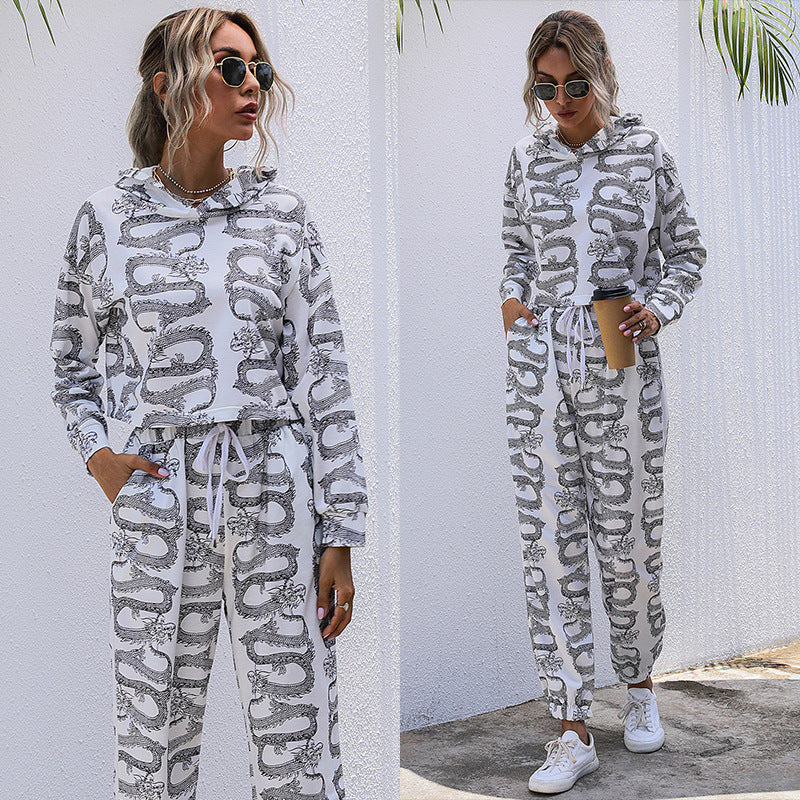 Autumn Winter Autumn Print Hooded Suit Casual Home Two-Piece Women