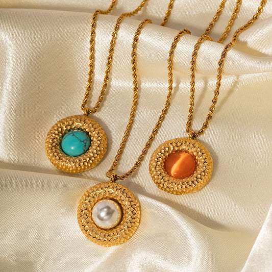 5pcs 18K Gold Stainless Steel Hammer Set Cat's Eye Round Necklace Does Not Fade Titanium Steel Jewelry