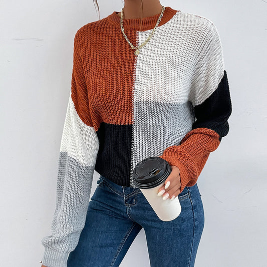 Fashion Women's Autumn Long-Sleeved Color Matching Half-Turtleneck Sweater Loose