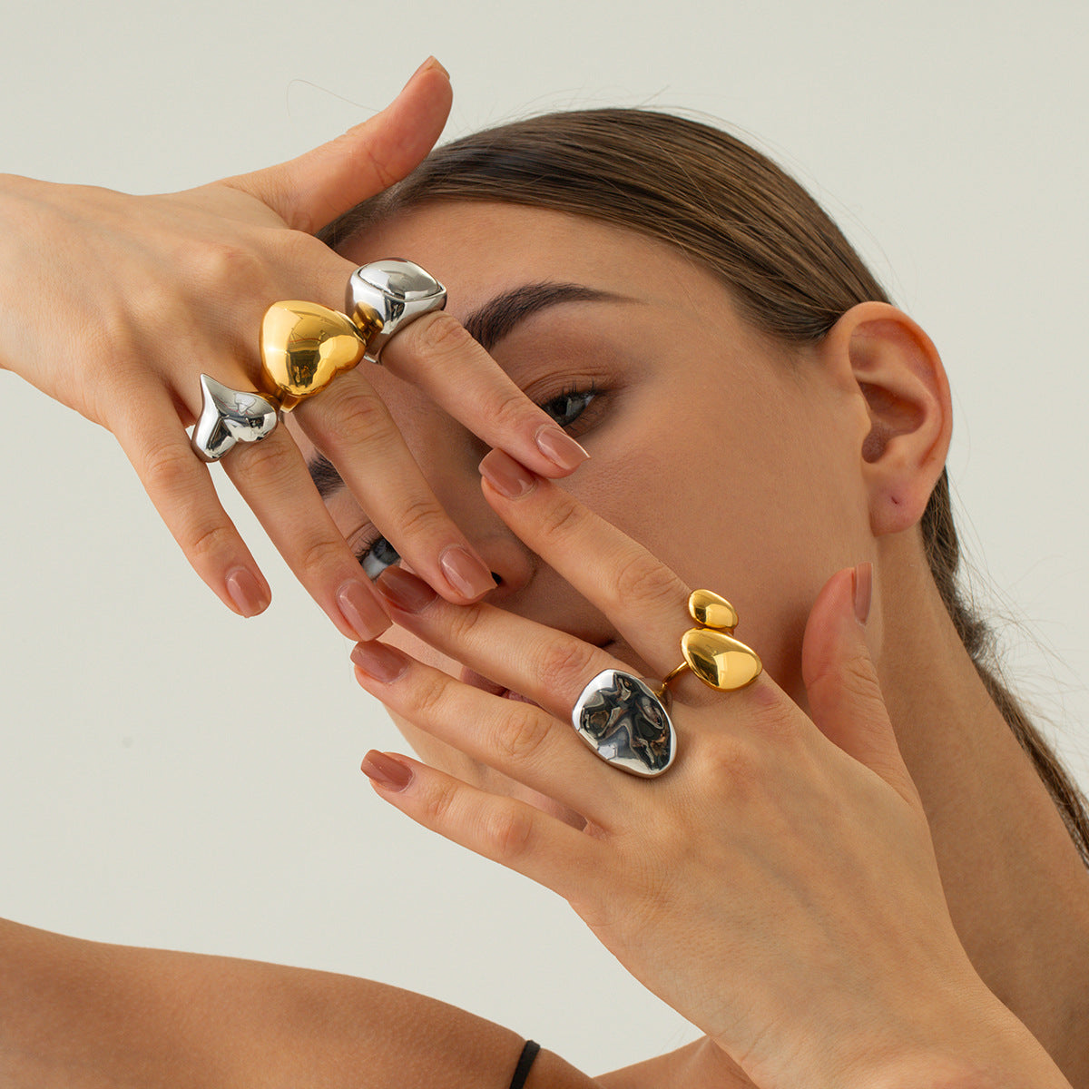 5pcs Double 18-Karat Gold Stainless Steel Regular Symmetrical Ring Non-Faded All-Match Stainless Steel Ring