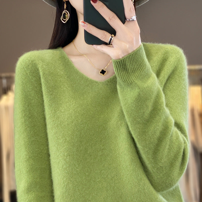 100 Pure Wool Knitwear Women's V-Neck Pullover Loose Base Shirt Autumn And Winter New Solid Color Sweater