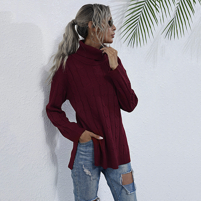 Radiant Red Elegance: Women's Turtleneck Mid-Length Sweater for Autumn