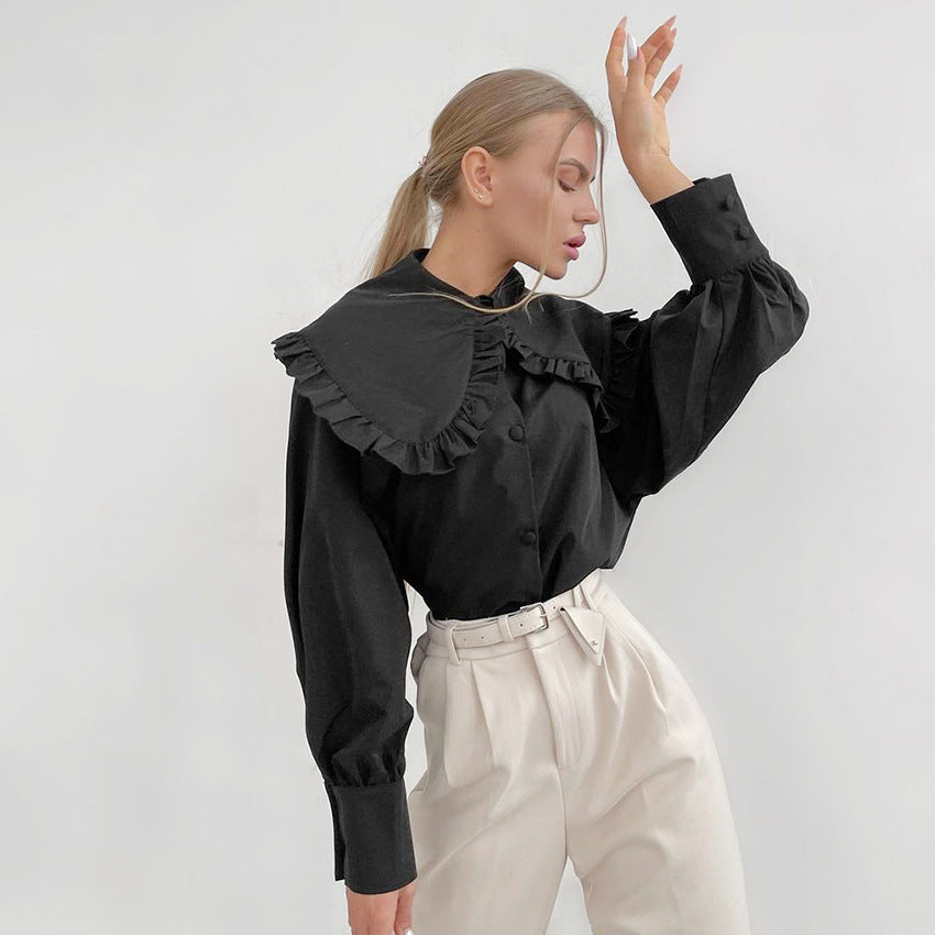 Temperament Court Style Doll Collar White Cotton Shirt Female Autumn And Winter Long Sleeve Shirt With Auric Edge