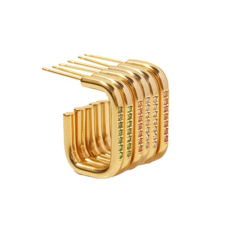 5pcs 18K Gold-Plated Stainless Steel Ring Earrings White // Light Green Inlaid Zircon Titanium Steel Earrings Female
