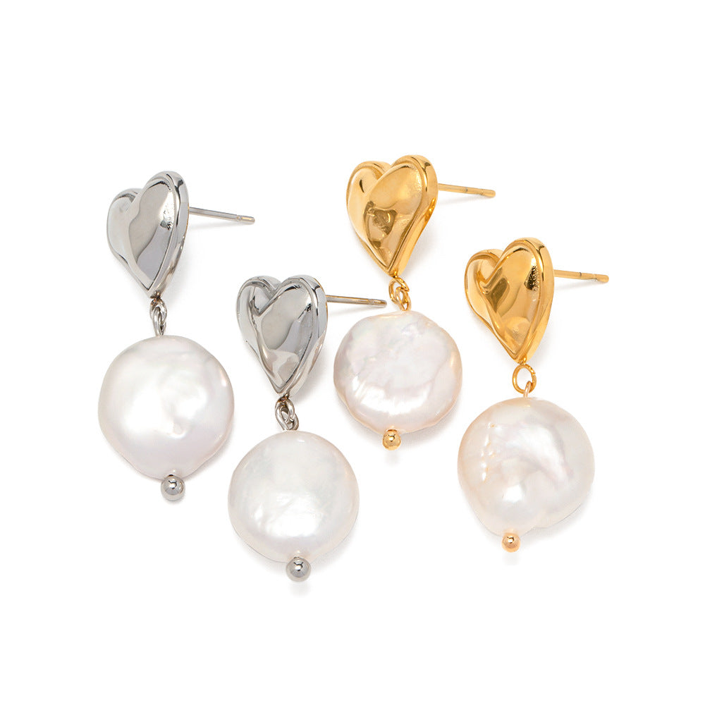 5pcs Style New 18K Gold Plated Vintage Stainless Steel Heart Baroque Pearl Pendant Earrings Earrings