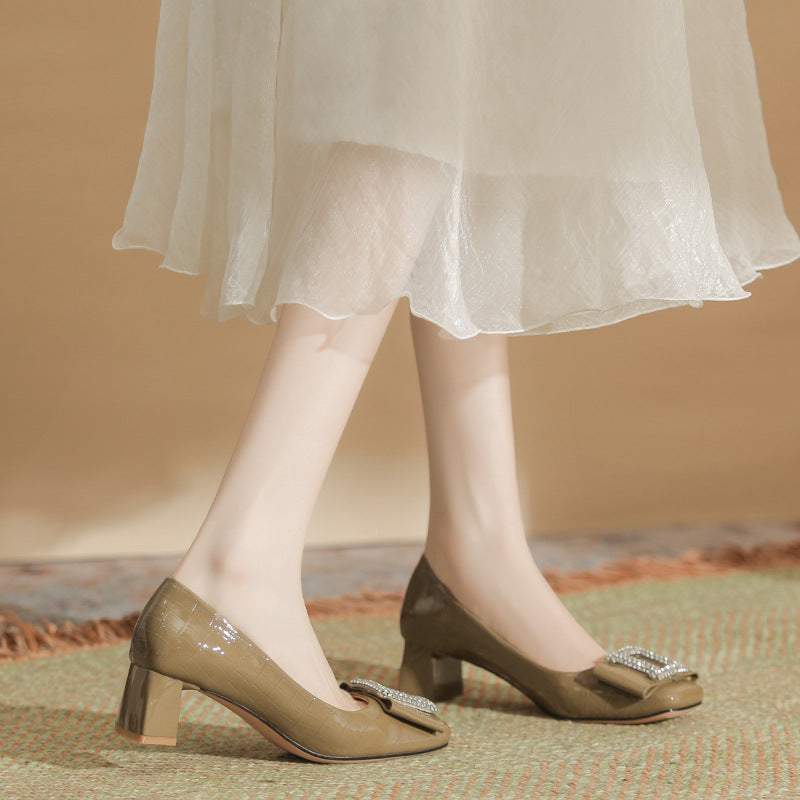 High Heels Women's Autumn New Light Mouth Pattern Patent Leather With Women's Shoes Square Toe Thick Heel Shoes