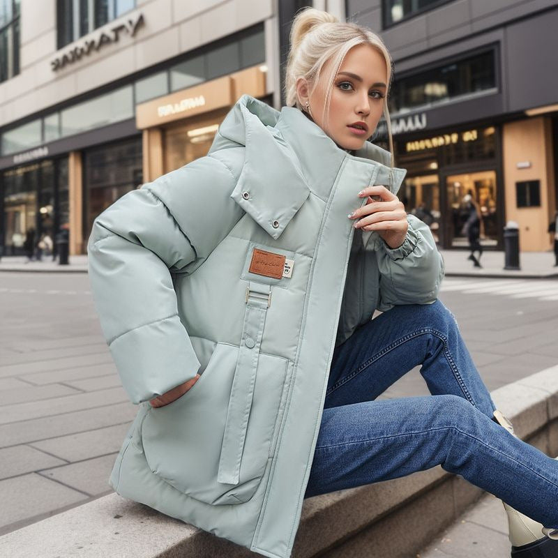 Oversize College Style Fashion Simple Korean Version Hooded Stand Collar Cotton-Padded Coat Female Autumn And Winter Niche Thickened Cotton-Padded Coat
