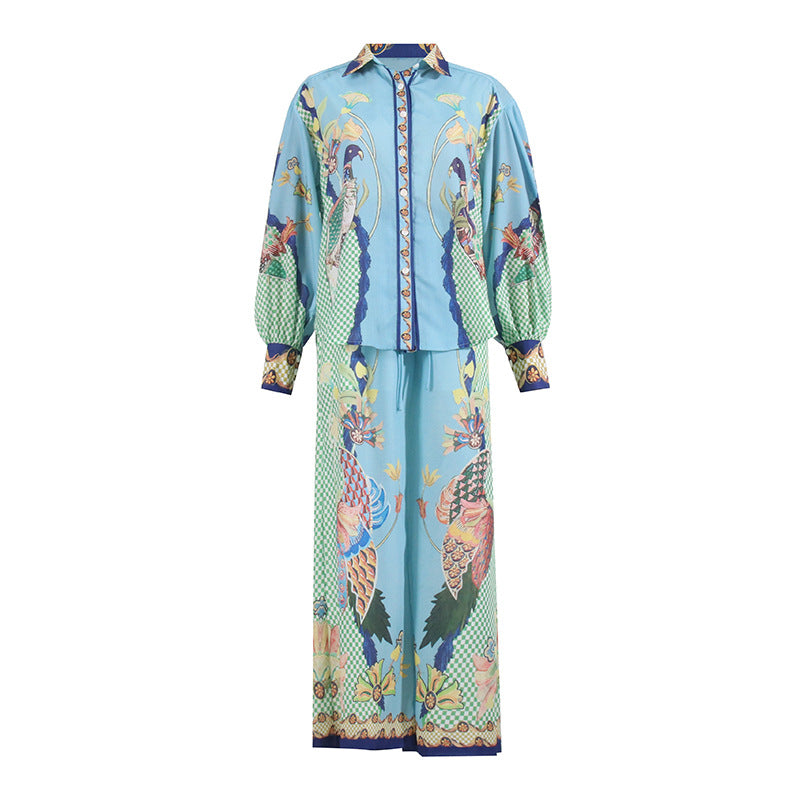 Autumn New Vintage Print Lapel Bubble Sleeve Long Sleeve Shirt + High Waist Wide Leg Mop Pant Suit