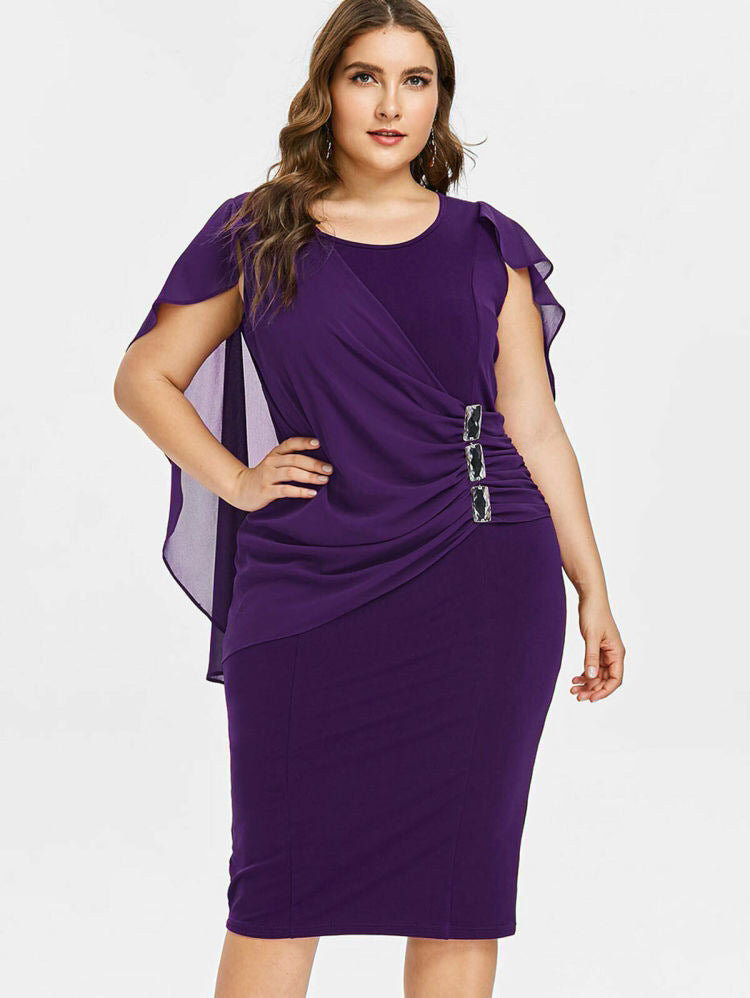 New Round Neck Short Sleeve Chiffon Shawl Tight Skirt Asymmetrical Over The Knee Large Size Dress Women