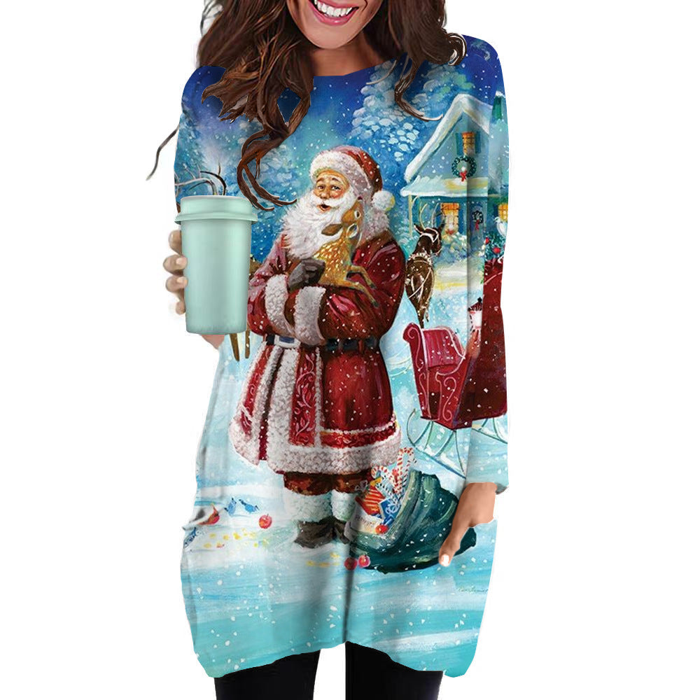 Women's Loose Round Neck 3D Christmas Elements Printed Long T-Shirt A Hair Casual Hoodie