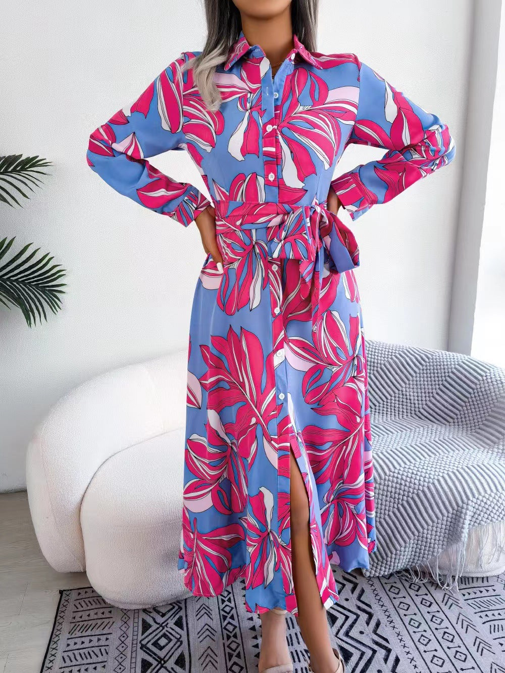 Women's Autumn Winter Color Plant Flower Lapel Print Shirt Skirt Long Dress