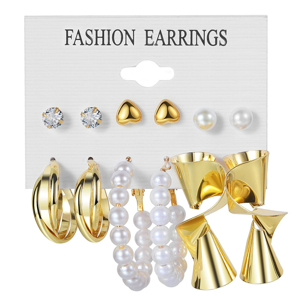 5 Sets New Pearl Earrings Set for Women Retro Metal Geometric C-Shaped 5 pairs Earrings