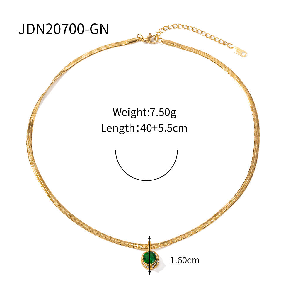 5pcs 18K Gold Stainless Steel Round Zircon Double Layer Stereo Pendant Flat Snake Chain Pendant Necklace For Ladies