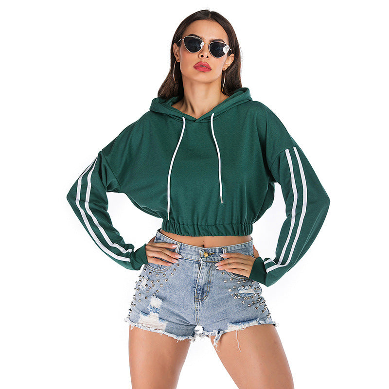 New Autumn Women's Sports Striped Green Short Long Sleeve Hooded Crop Hoodie Woman
