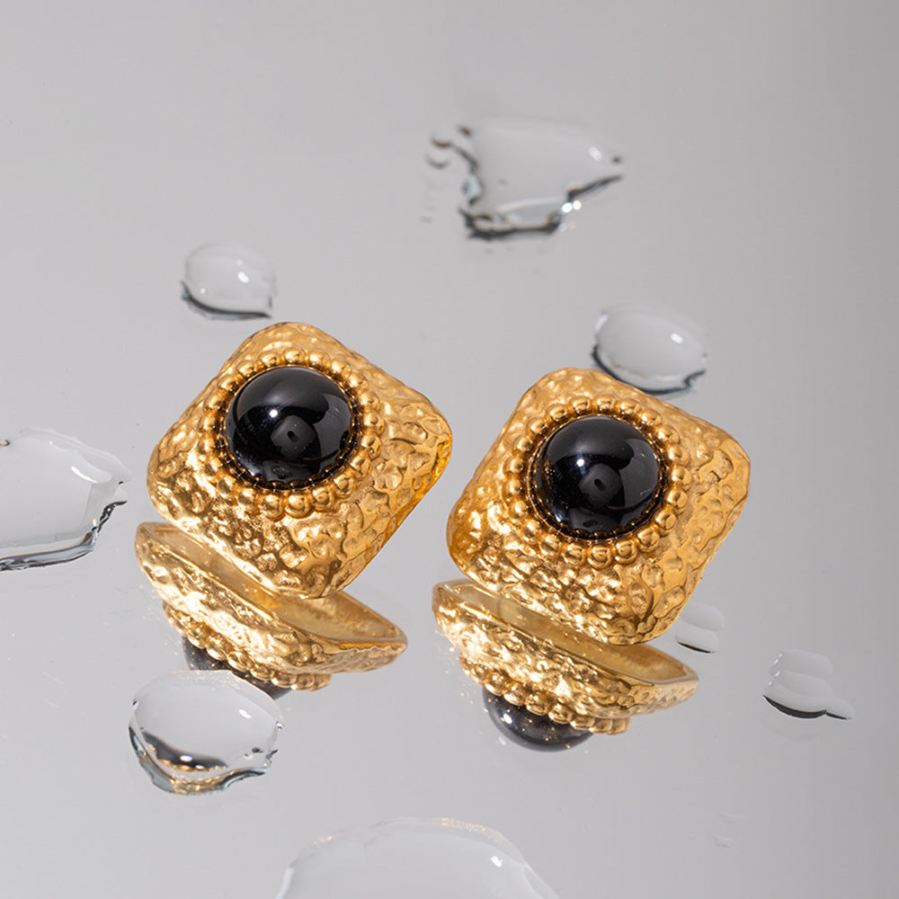 5pcs 18K Gold Stainless Steel Set Black Hammer Square Earrings Style Geometric Earrings Do Not Fade Jewelry