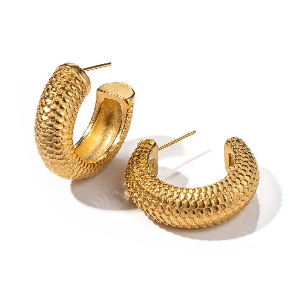 5pcs 18K Real Gold Stainless Steel Thick Cylindrical Fish Scale Shaped C Earrings Do Not Fade Color Jewelry