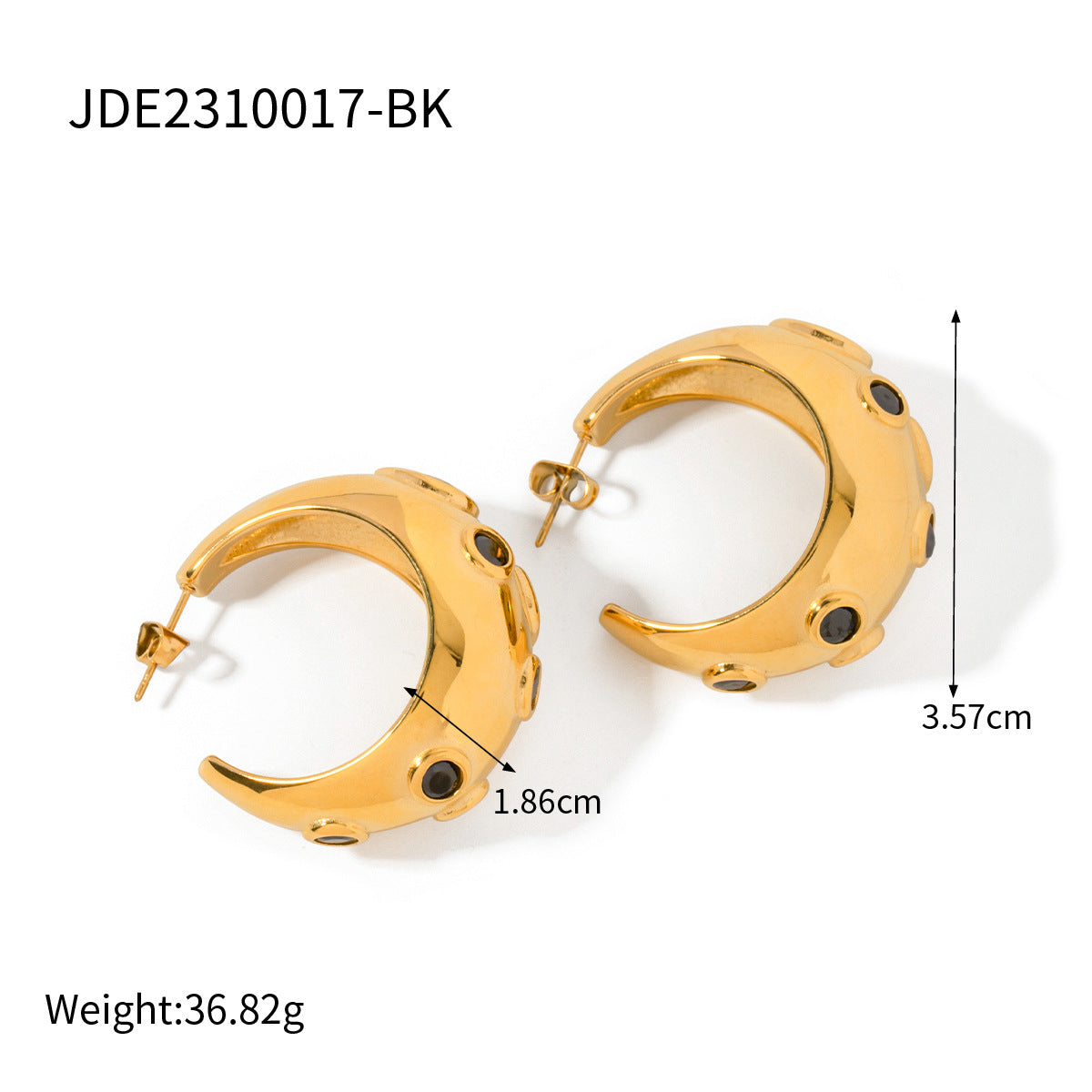 5pcs 18K Gold Black Zircon Moon Earrings Advanced Design Sense Does Not Fade Jewelry