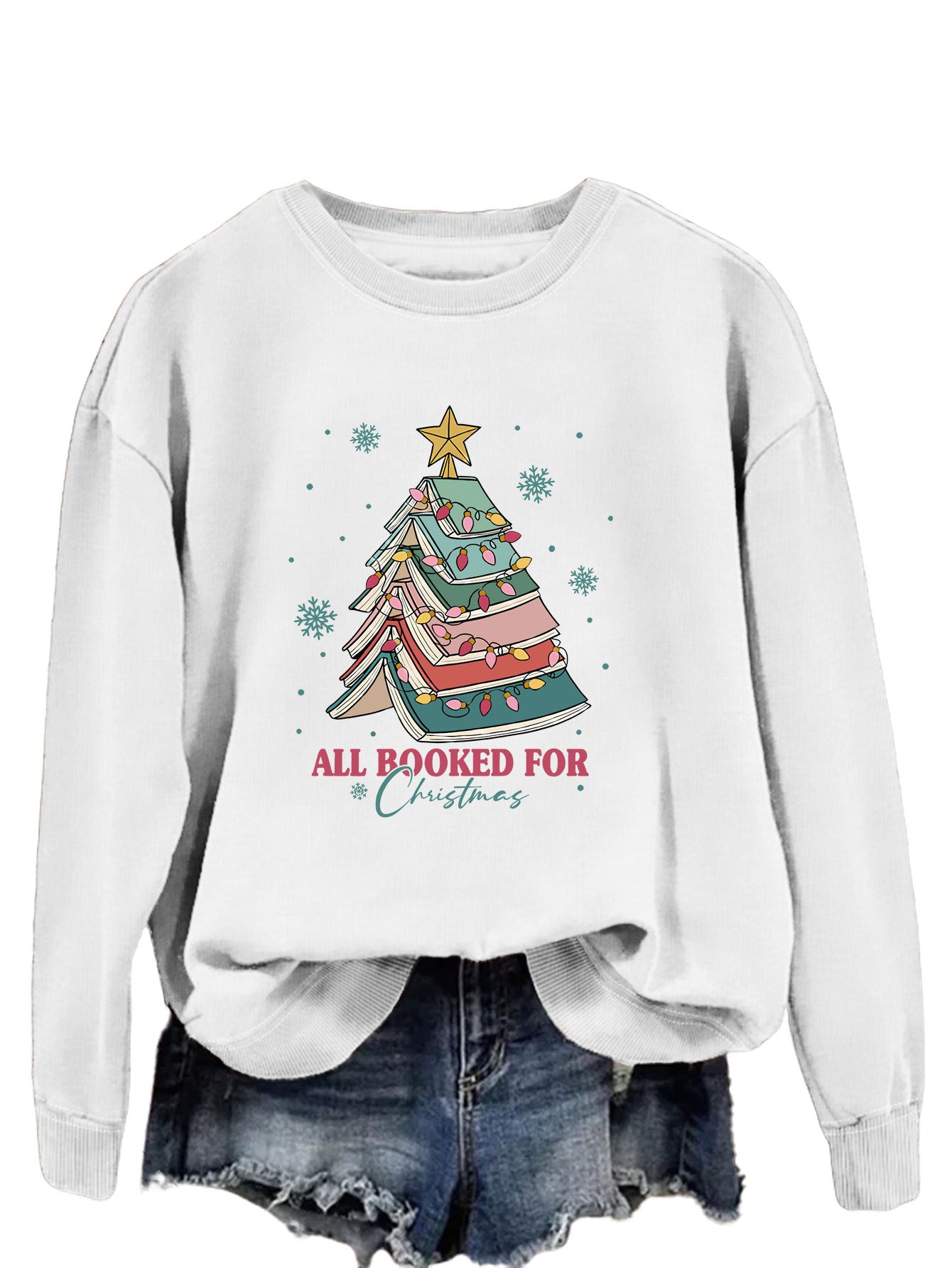 All Booked For Christmas Letters Fun Printed Casual Crew-Neck Hoodie