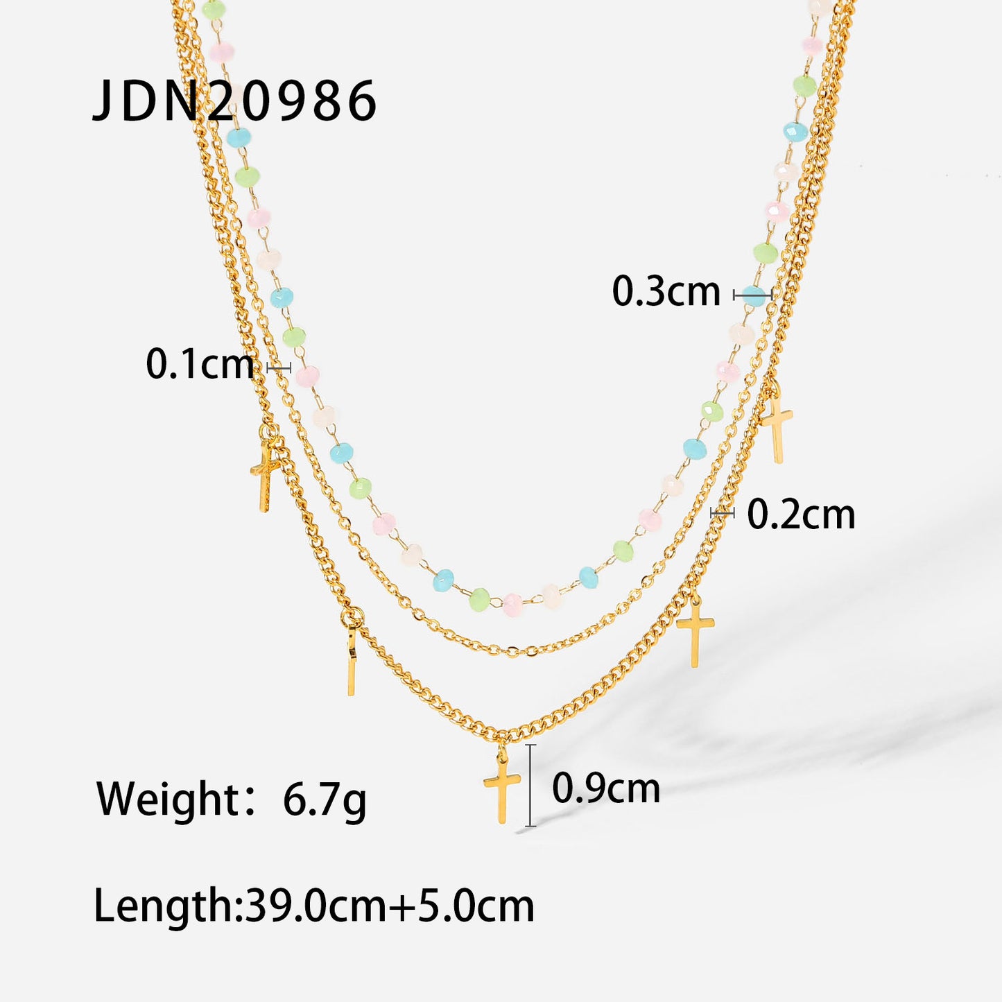 5pcs 18K Gold-Plated Stainless Steel Necklace Colored Stone Round Bead Chain Cross Fringe Pendant Three Layer Necklace Women
