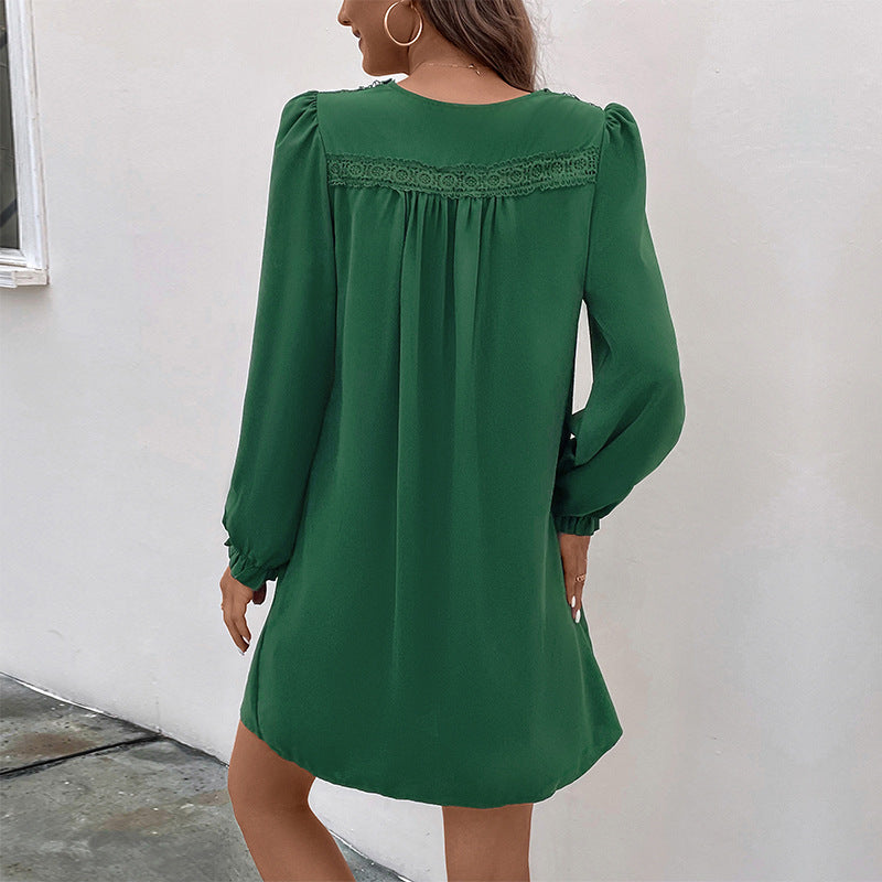 Patchwork Skirt Autumn New Women's V-Neck Pleated Long-Sleeved Dress
