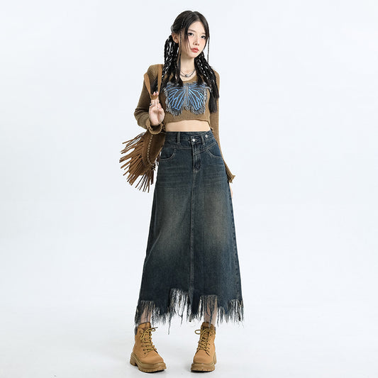 Vintage Fringe Slit High Waist Skirt Women's New Autumn Loose Skinny Long Skirt A Line Wrap Hip Denim Skirt