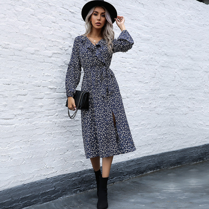 Women's Lotus Collar Long-Sleeved Floral Dress