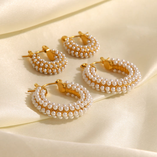5pcs New Fashion Earrings 18K Gold Plated Stainless Steel Inlaid With White Light Pearl Ring Earrings