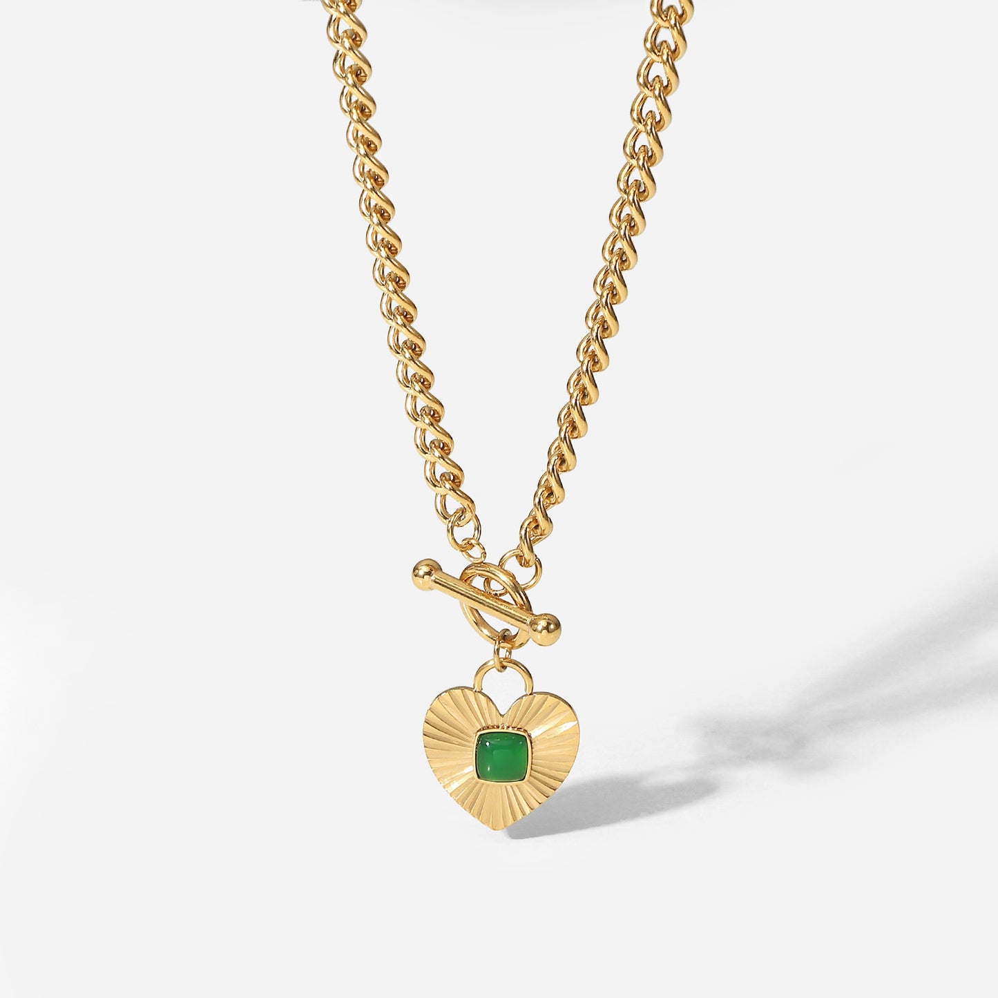 5pcs New Heart Pendant Inlaid With Green Agate Ot Buckle Cuban Chain Necklace Women's Stainless Steel Necklace