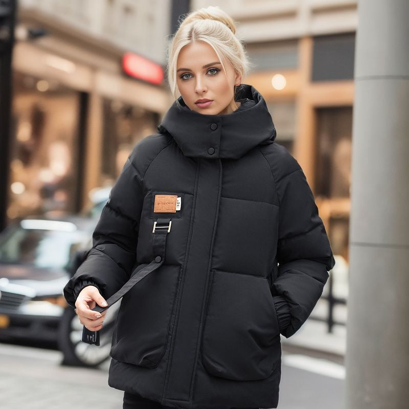 Oversize College Style Fashion Simple Korean Version Hooded Stand Collar Cotton-Padded Coat Female Autumn And Winter Niche Thickened Cotton-Padded Coat