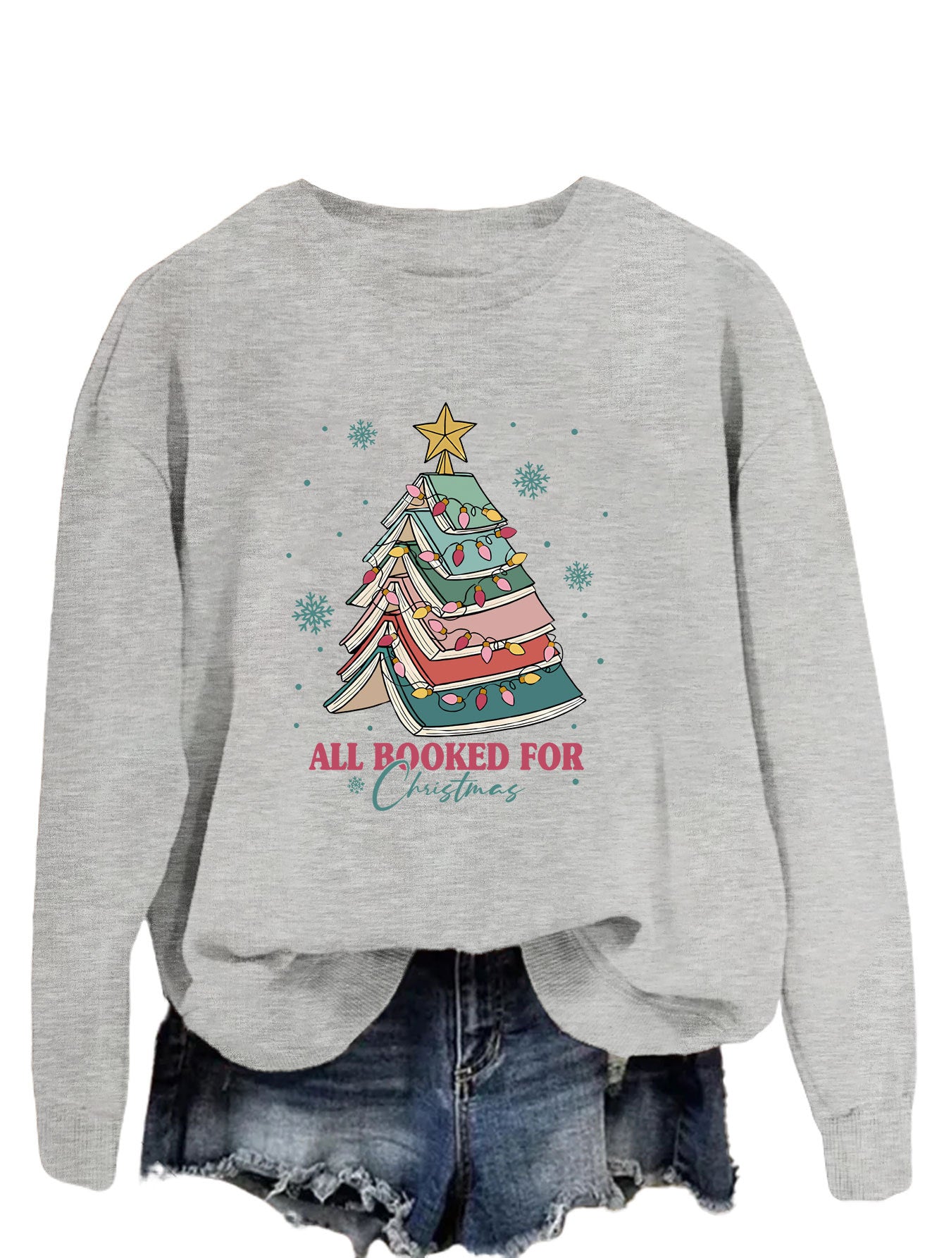 All Booked For Christmas Letters Fun Printed Casual Crew-Neck Hoodie