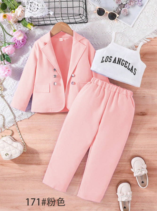 New Girls Spring And Autumn Long-Sleeved Coat + Halter Shirt + Trousers Three-Piece Children's Letter Children's Suit