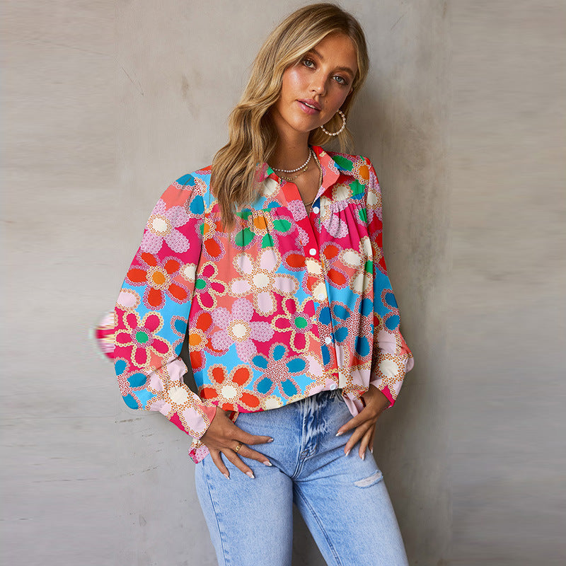 Autumn New Multi-Color Bubble Sleeve Shirt Women Thin Loose Flower Print Long Sleeve Blouse Women