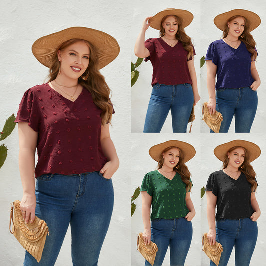 Loose Casual T-Shirt Spring Summer Plus-Size Women's V-Neck Hairball Short-Sleeved Commuter Plus-Size Top