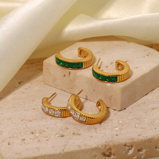 5pcs 18K Gold Stainless Steel Five Square Green Zircon Inlaid Thread C-Shaped Earrings Light Luxury Of All Matching Earrings
