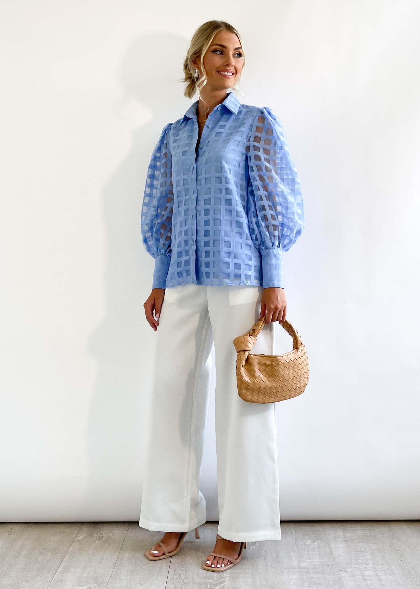Autumn New American Women's Fashion Solid Color Transparent Lattice Advanced Sense Of Small Flying Sleeve Shirt Woman