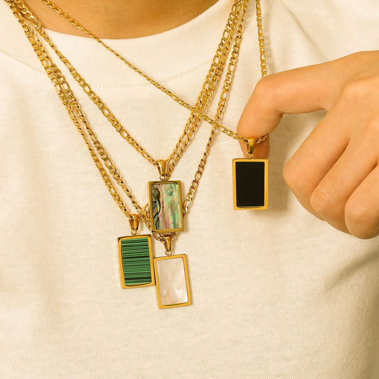 5pcs Accessories Rectangular Abalone Malachite Agate Shell Pendant Necklace Stainless Steel Plated Chain Necklace