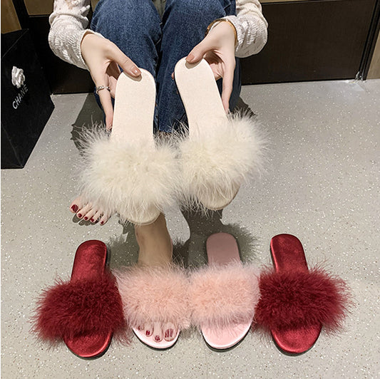 Indoor Home Breathable Slippers For Women Fluffy Red Wedding Shoes Round Head Flat Non-Slip Sandals Women Feel Flip-Flops